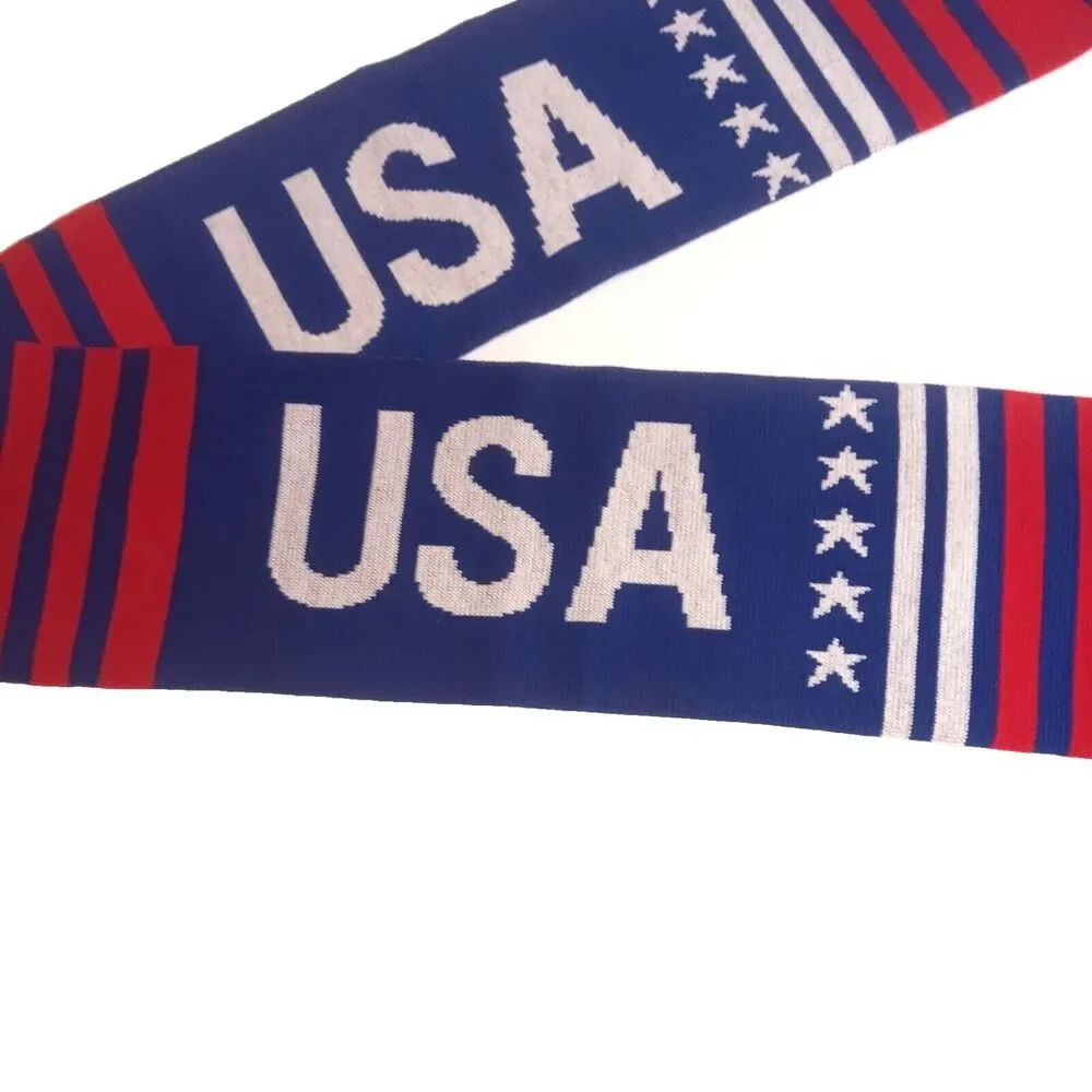 USA Kniit Scarf Blue Red White Stripe Stars Fringe 60